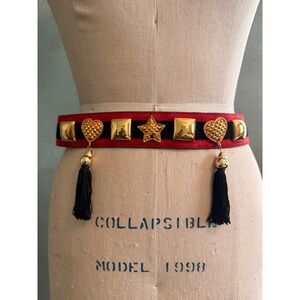 Vintage Escada Red Black Suede Gold Stud Heart Star Tassel Belt Western Germany
